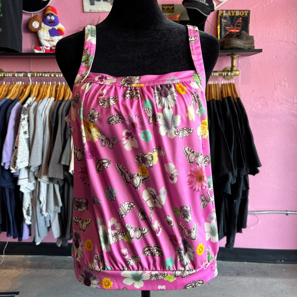 Vintage Y2K Daisy Butterflies All Over Print Pink Top Size M